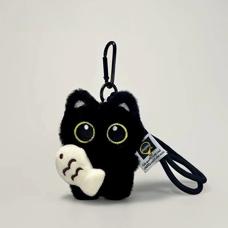 可爱呆萌抱小鱼大眼黑猫毛绒玩偶情侣包挂件创意小黑猫钥匙扣FF