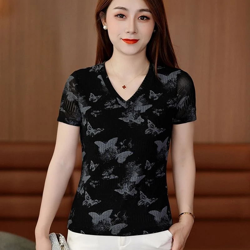 夏季V领冰感网纱蝴蝶印花小衫女T恤洋气修身弹力百搭短袖女上衣潮