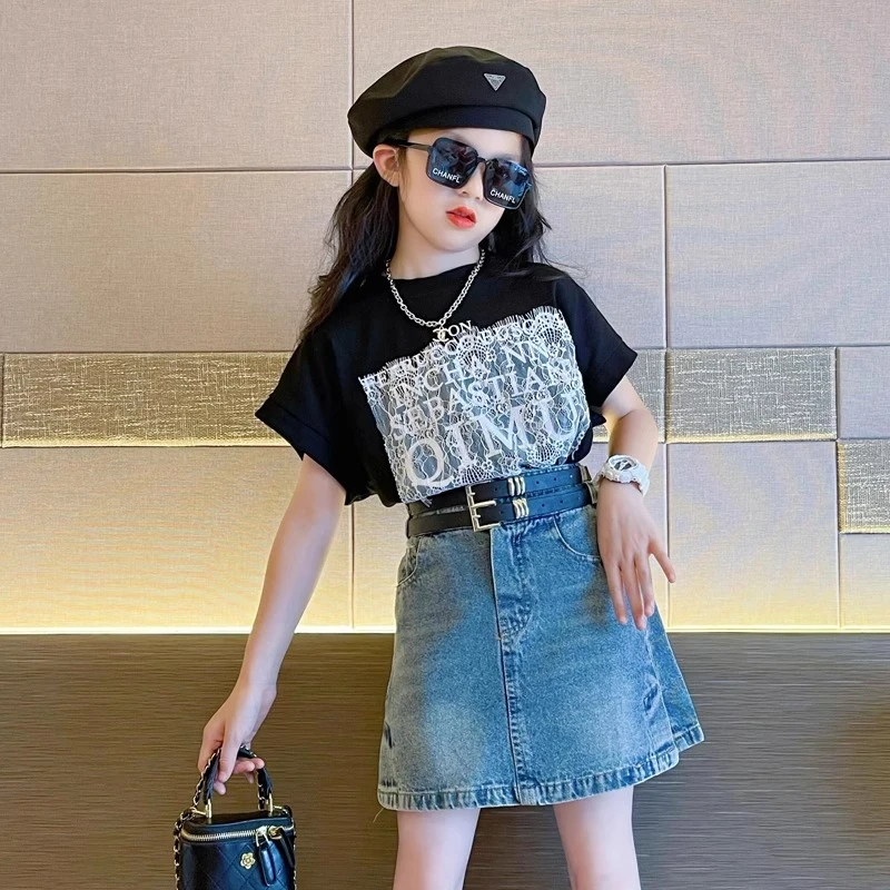 短袖t恤女童夏季2025新款儿童夏装黑色半袖大童女孩韩系洋气上衣