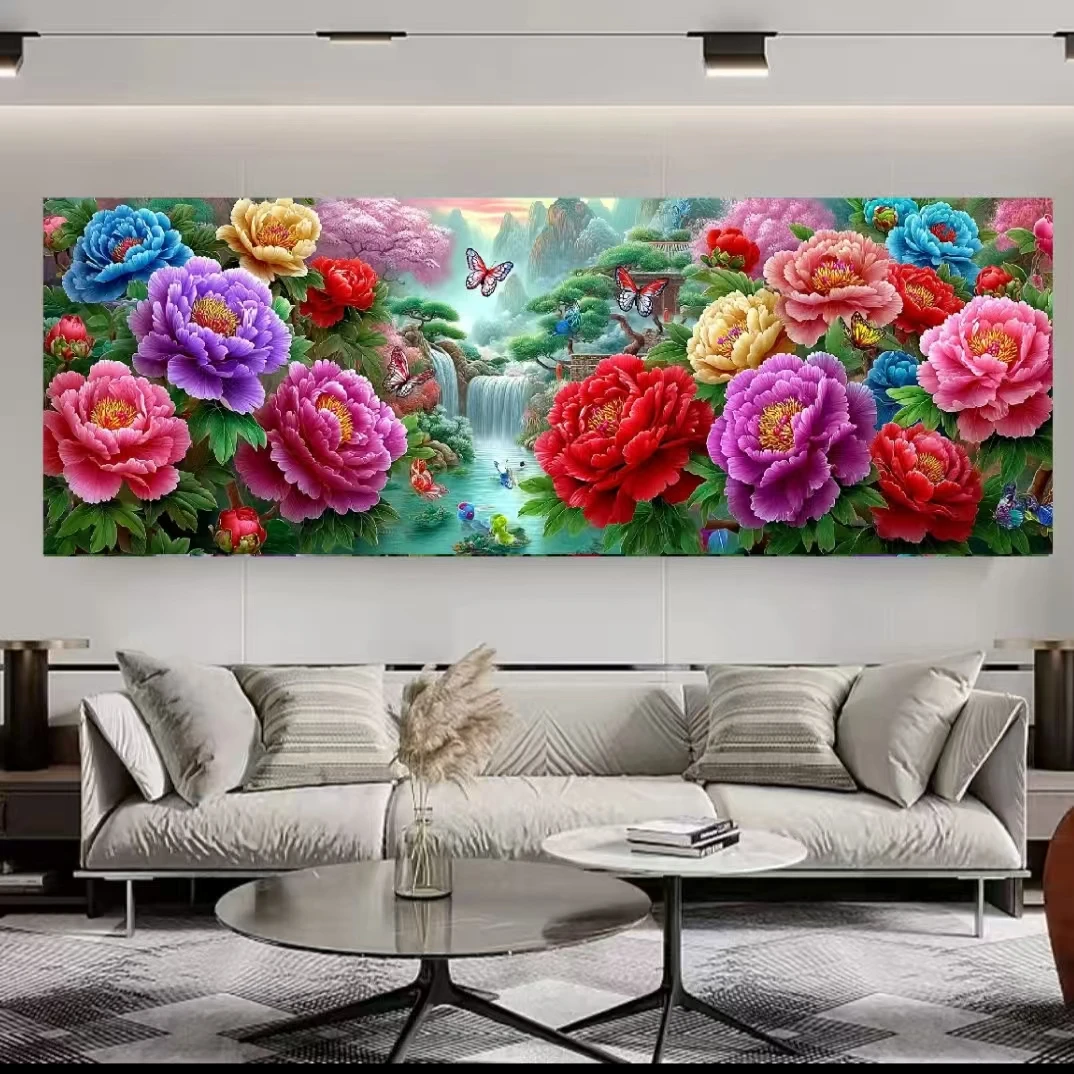 定制十字绣 原创版权山水牡丹情大格300*100 没绣的f2085