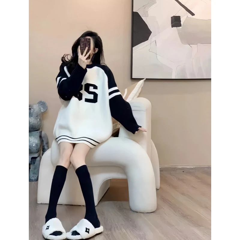 网红慵懒风卫衣女2025初秋撞色拼接圆领宽松时尚设计百搭条纹上衣