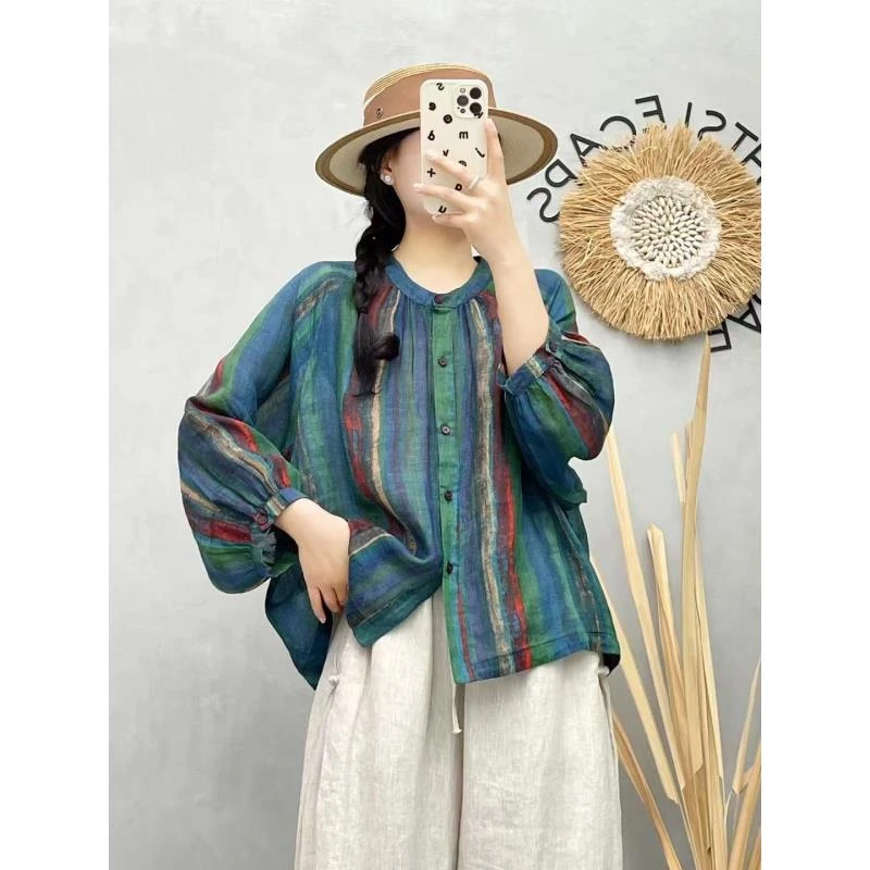 【艺可】新款复古文艺撞色印花百搭轻薄宽松开衫衬衫显瘦气质