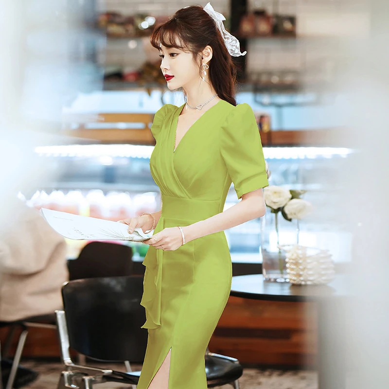 高腰礼服女大气质鱼尾新款连衣裙2025小个子宴会端庄绿色礼服平时