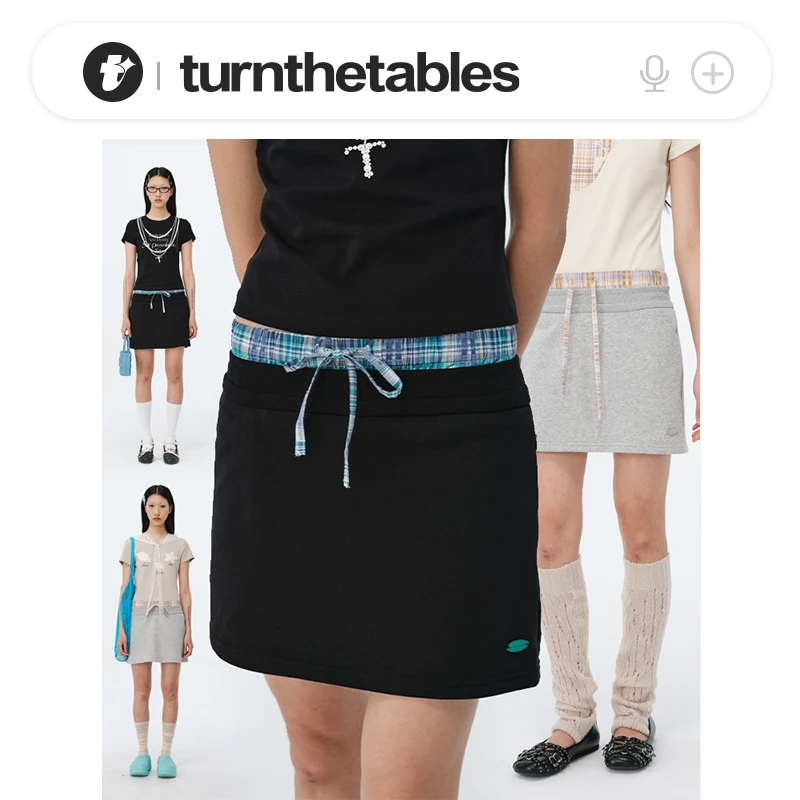 Turnthetables格纹拼接双腰头短裙显瘦运动休闲显瘦夏季包臀黑色