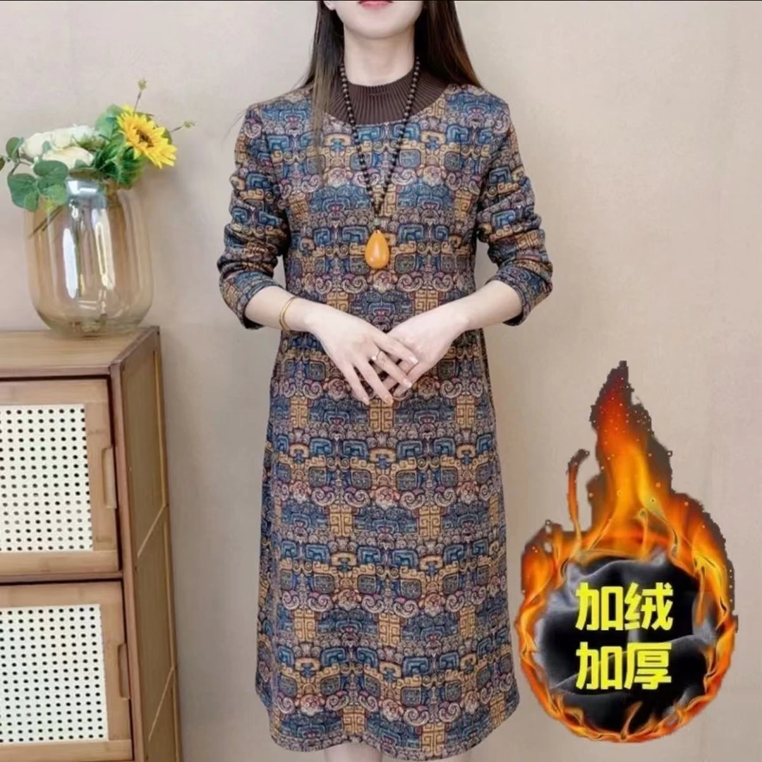 11163-中年女秋冬加绒加厚连衣裙遮肚妈妈装冬季打底裙子【老仓库】