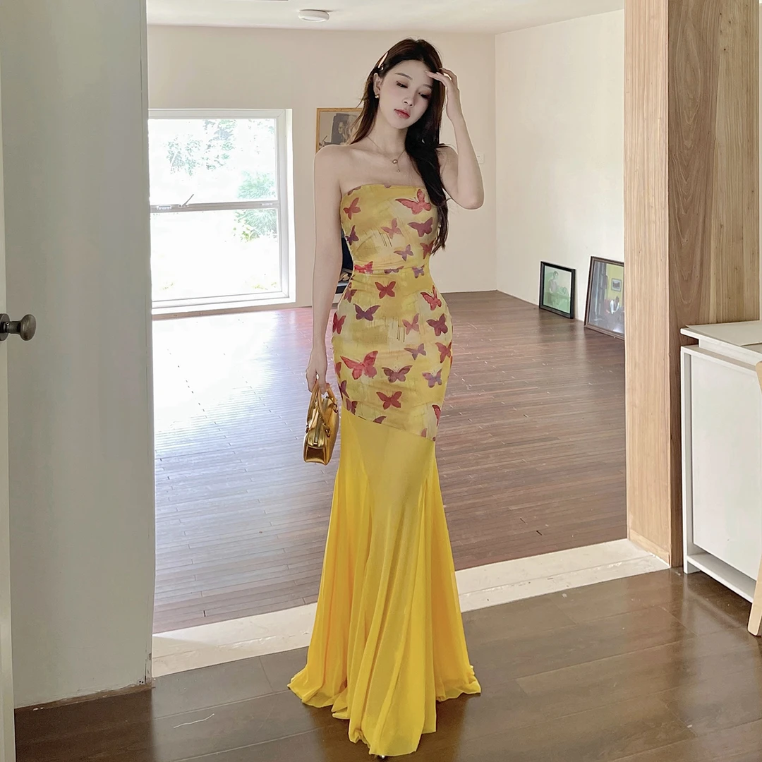 KaDaiShan 法式气质蝴蝶印花抹胸连衣裙夏季黄色纯欲网纱鱼尾长裙