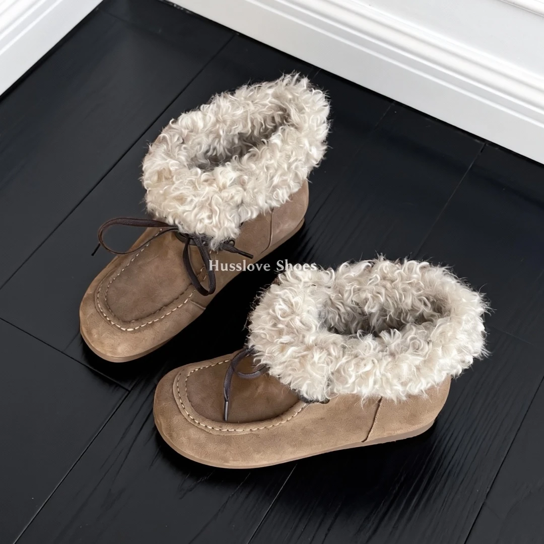 HUSSLOVE 牛反绒·跟高3.5CM·冬季圆头保暖混纺羊毛内增高雪地靴
