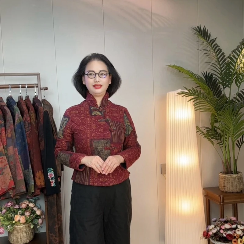 （花簇百家布1）国风立领长袖小斜襟减龄修身女装中式短款棉衣2159