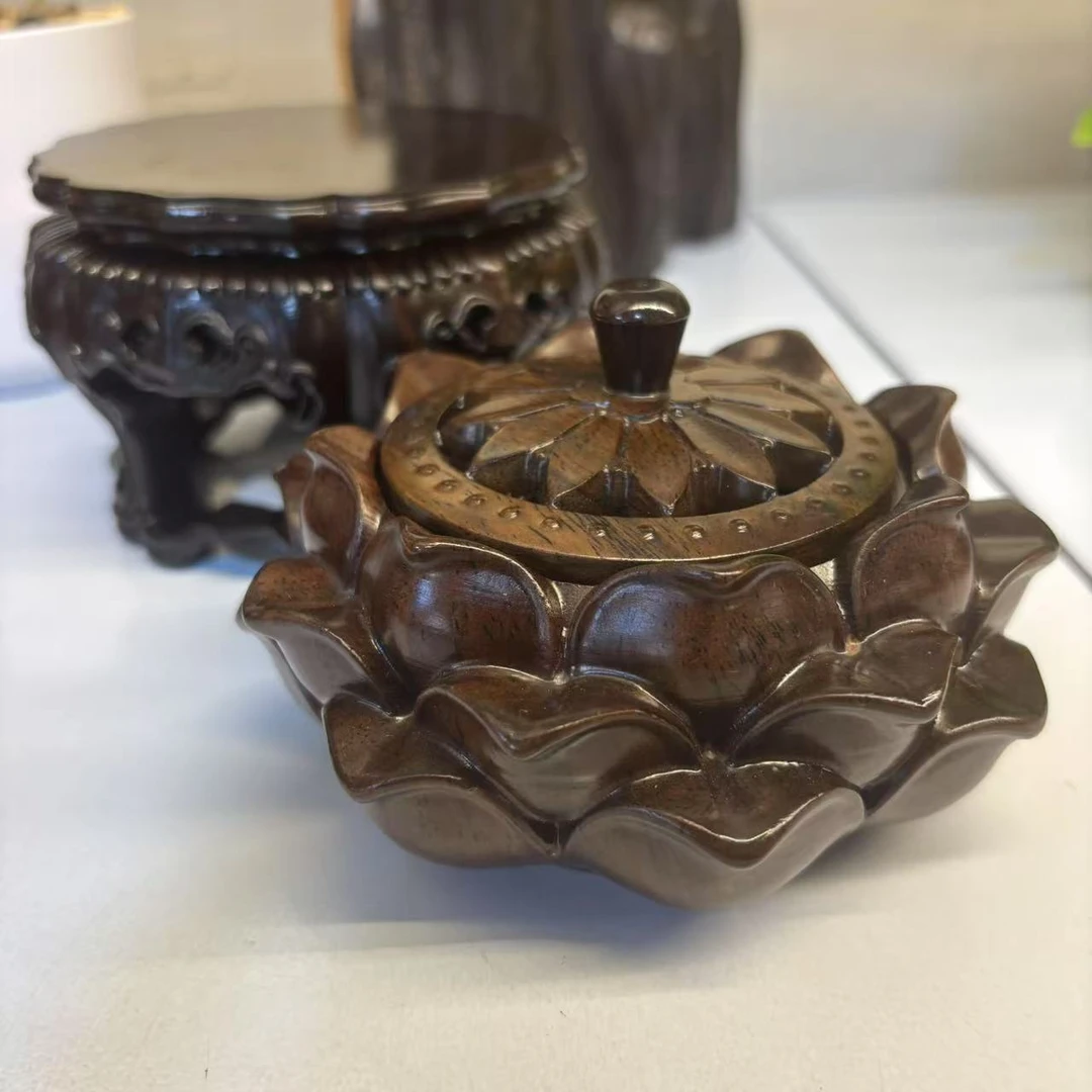 【黑檀莲花香炉中式+六足精雕如意圆底座】木雕茶桌摆件套装