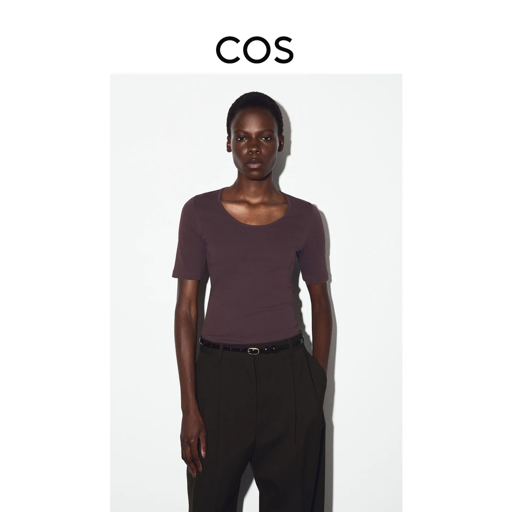 COS女装 修身版型汤匙领T恤酒红色2025秋季新品1272305006
