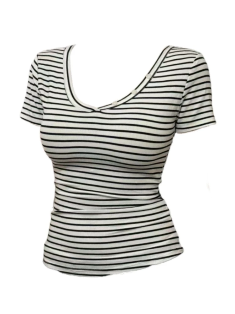 【Amy家】微胖mm黑白条纹正肩短袖T恤女夏季辣妹风修身显瘦v领上衣