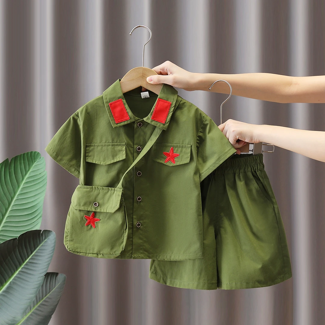 儿童小红军套装夏季雷锋八路军军装男童夏装短袖军绿色合唱演出服