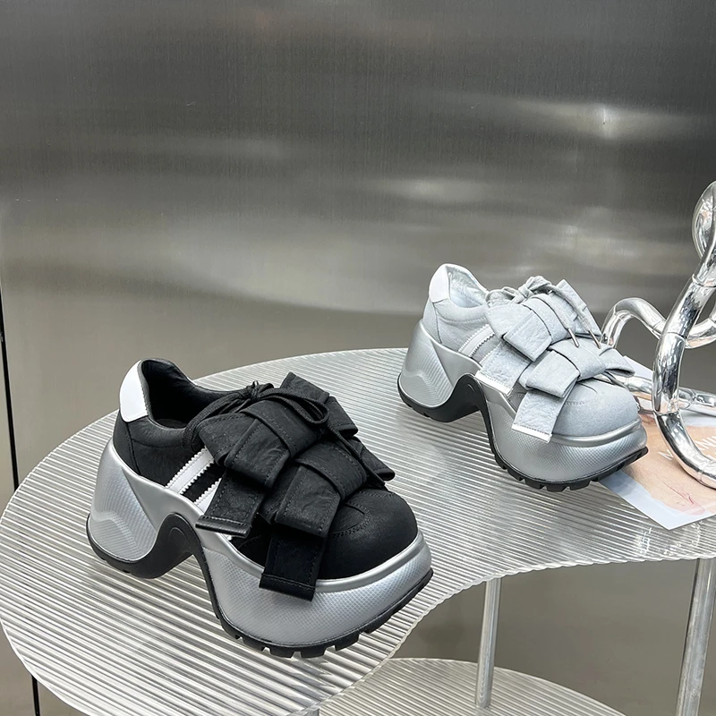 2025春季增高女厚底时尚百搭蝴蝶结坡跟单鞋老爹鞋小个子QG2611-3