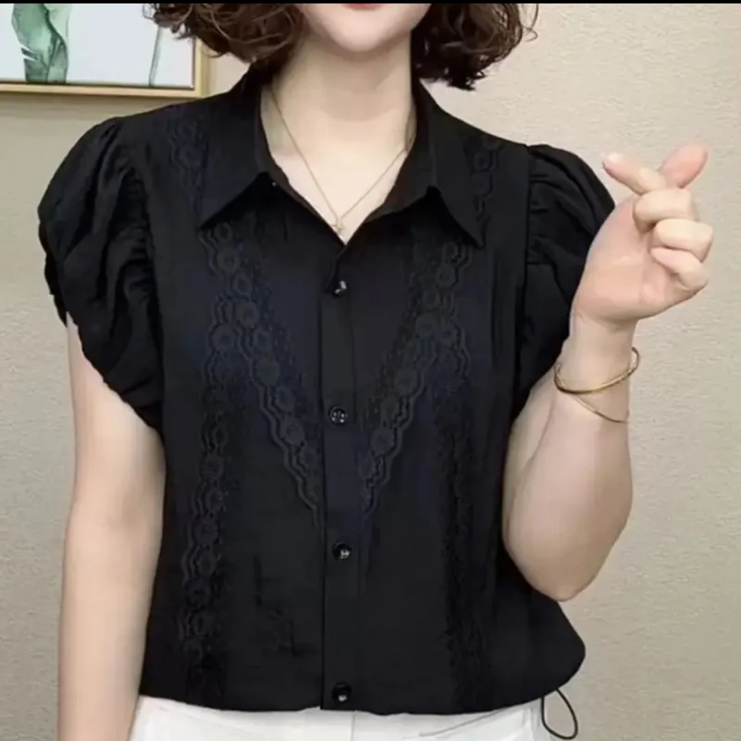 翻领纯色荷叶边宽松型短袖T恤显瘦休闲百搭夏装蕾丝