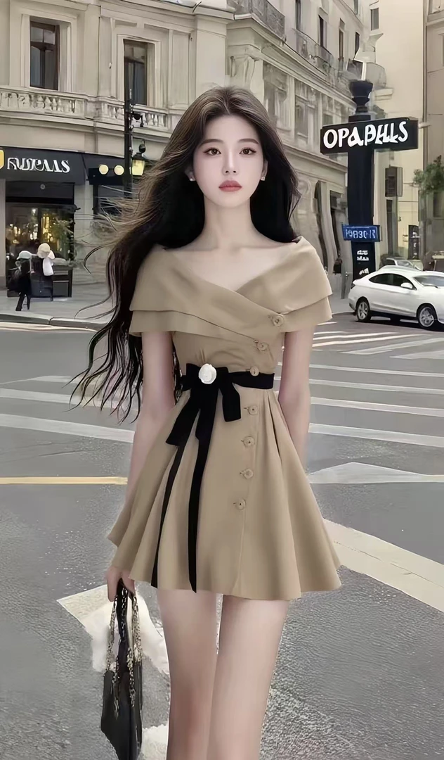 轻奢时尚高端大气温柔风卡其色低领短袖修身收腰设计感系带连衣裙