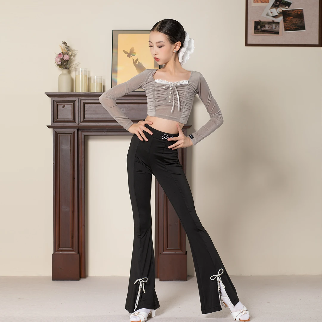 歌瑞亚拉丁舞训练服女儿童舞蹈练功服长裤珍珠微喇叭长袖上衣套装