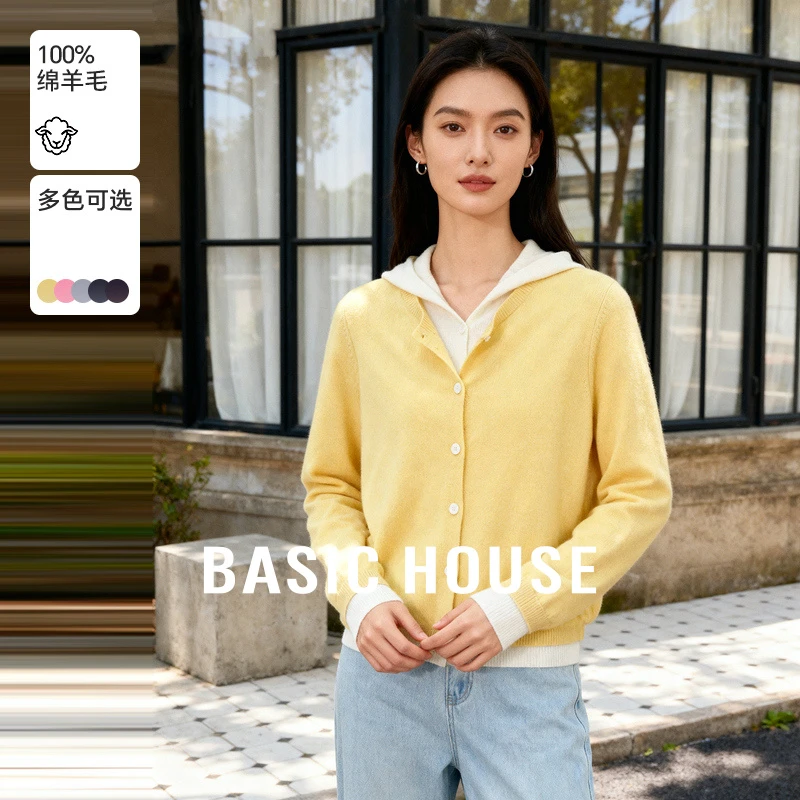 Basic House/百家好秋季连帽撞色宽松休闲羊毛衫外套-B0625H5G032