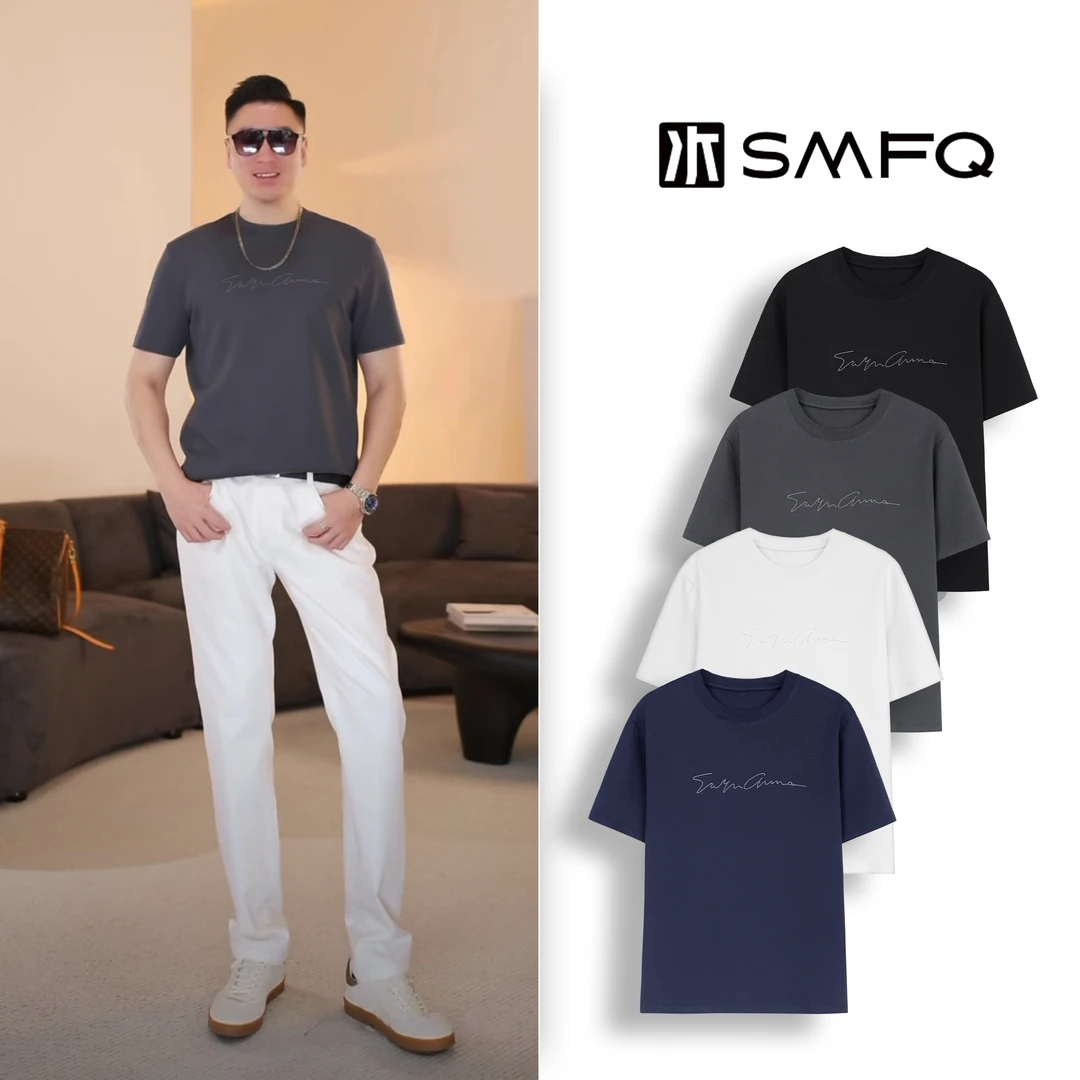 水木夫妻【男款】“ 东方美学”半圆瓷质贴片草写字母半袖T恤LG0006