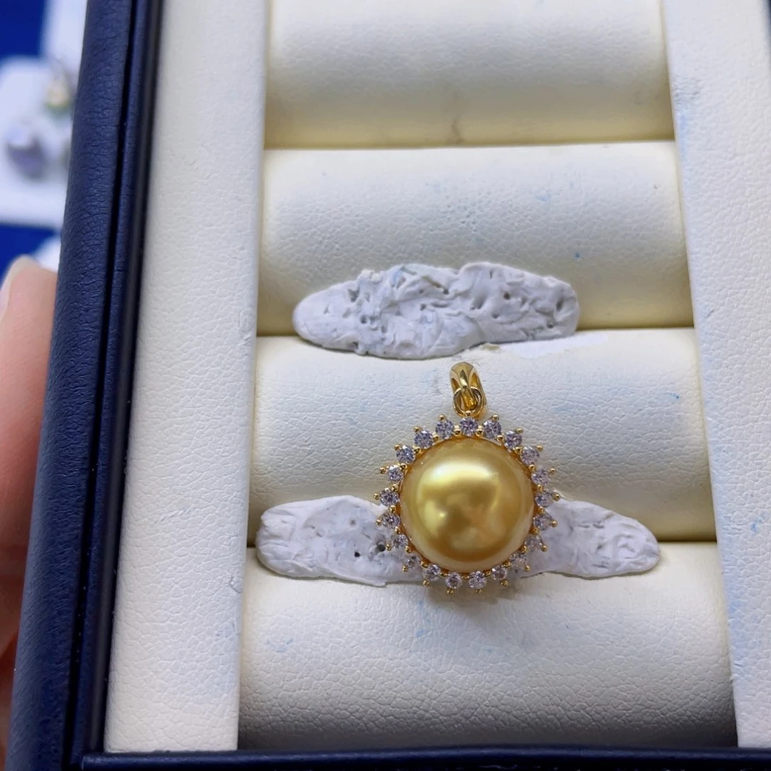 银S925镶嵌海水珍珠吊坠(不含链)金珠太阳花吊坠11-12mm