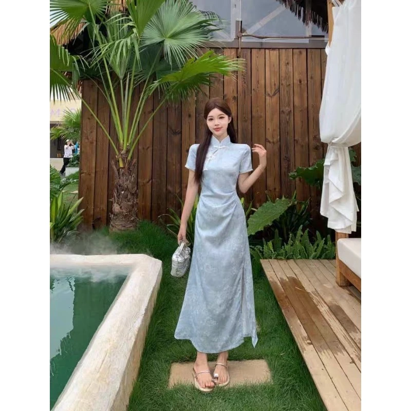 （80-200斤）大码新中式蓝色2025新款气质高端显瘦国风连衣裙女1890