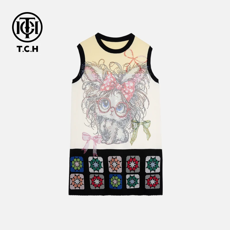 TCH轻奢烫钻刺绣猫咪祖母格米白色无袖连衣裙T75B30E5305私服tch