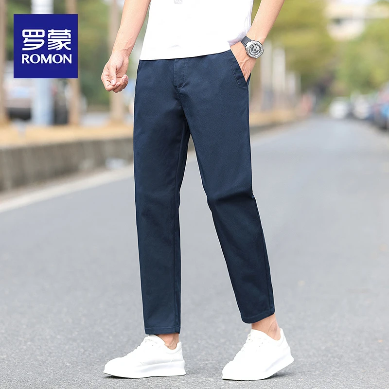 罗蒙秋季新款九分裤男士纯色百搭棉质小西裤弹力修身直筒休闲裤男