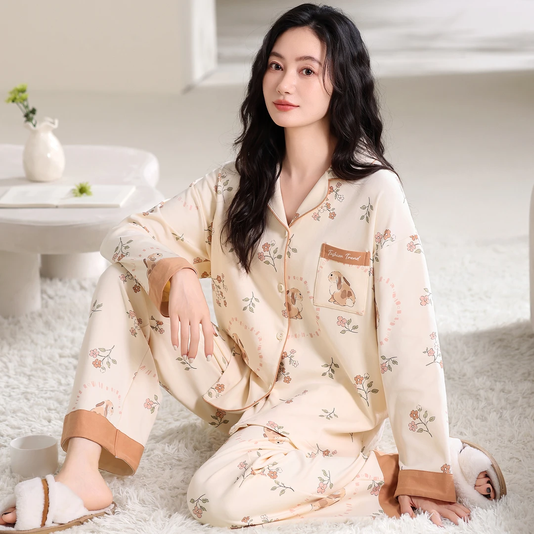 新款莉莉家女士纯棉兔子花园开衫长袖长裤睡衣家居服套装可外穿