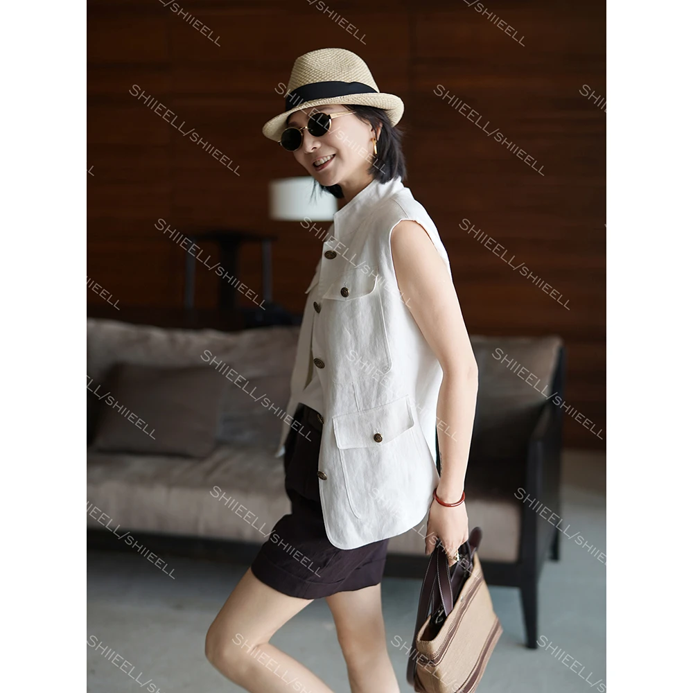 SHIIEELL老钱松弛感亚麻立领马夹女夏季新款白色短无袖马甲W2501