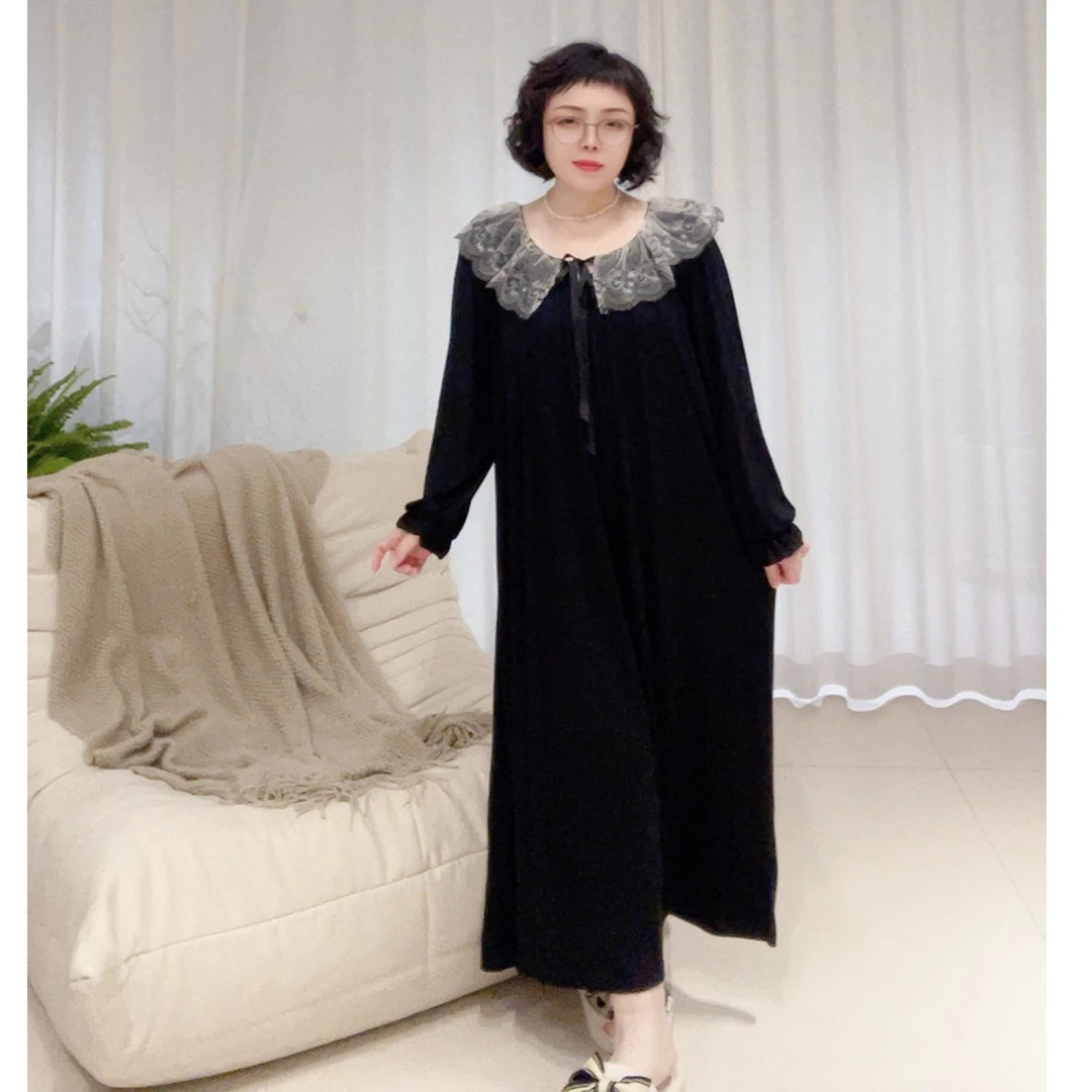 星纱之梦 大码蕾丝领纯色长款慵懒风中年少女感睡裙宽松可外穿
