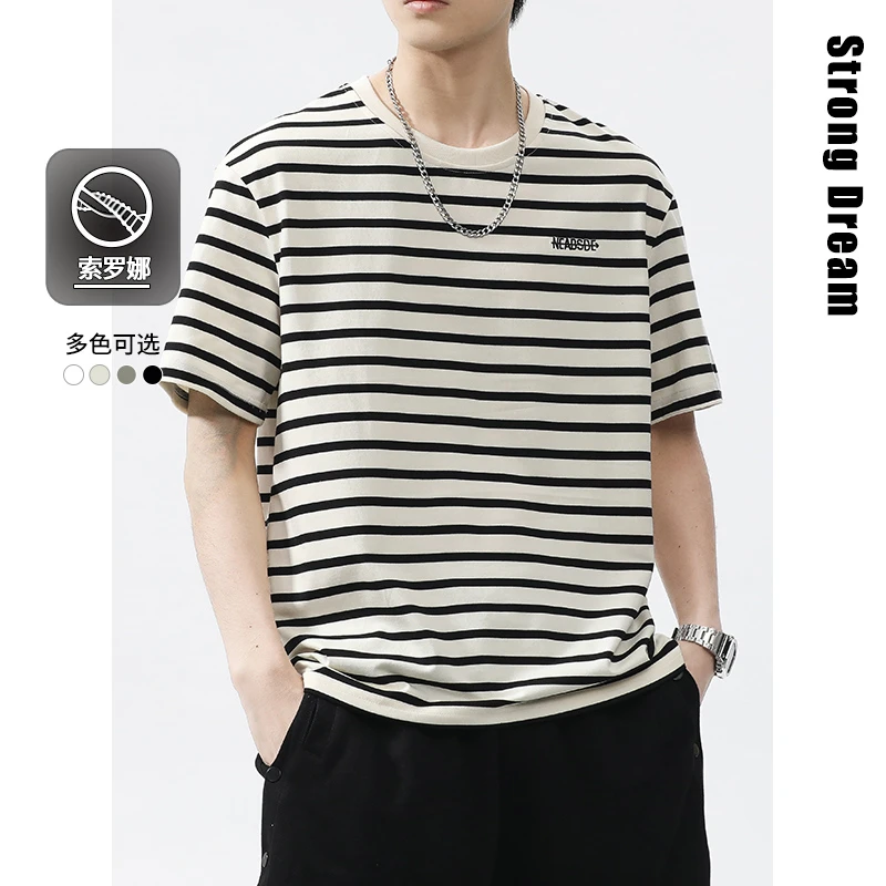 重磅短袖t恤男士夏季美式潮牌复古黑色条纹潮流圆领休闲半袖上衣