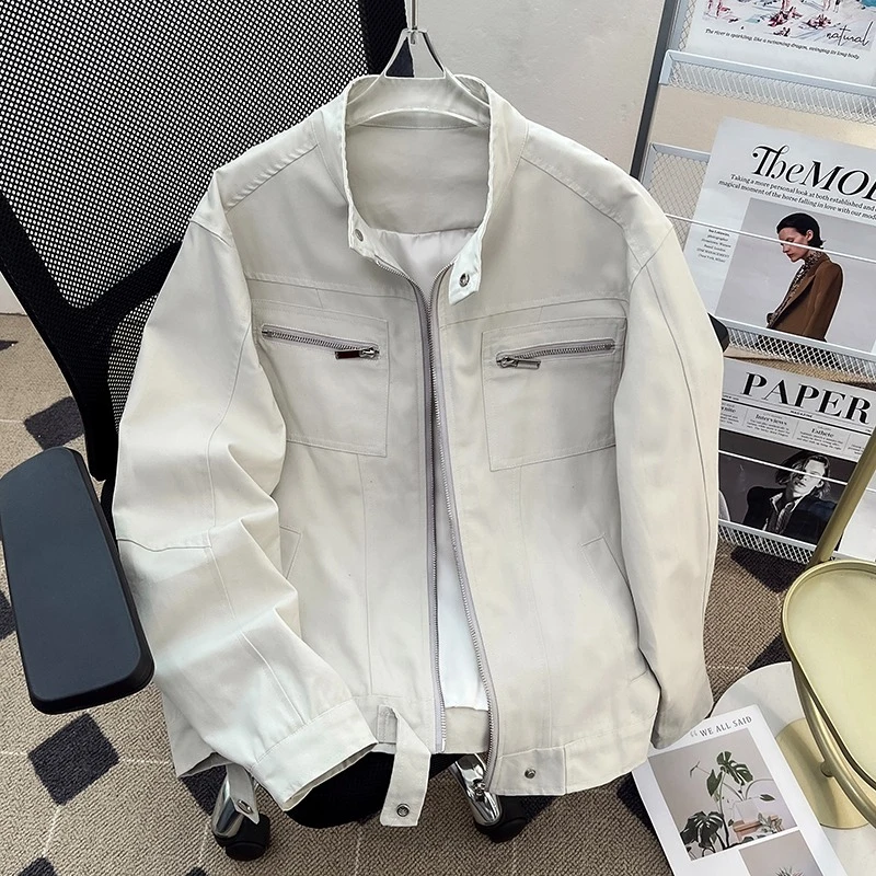 美式灰白色哈灵顿夹克春季cleanfit立领牛仔外套痞帅高级感牛仔衣