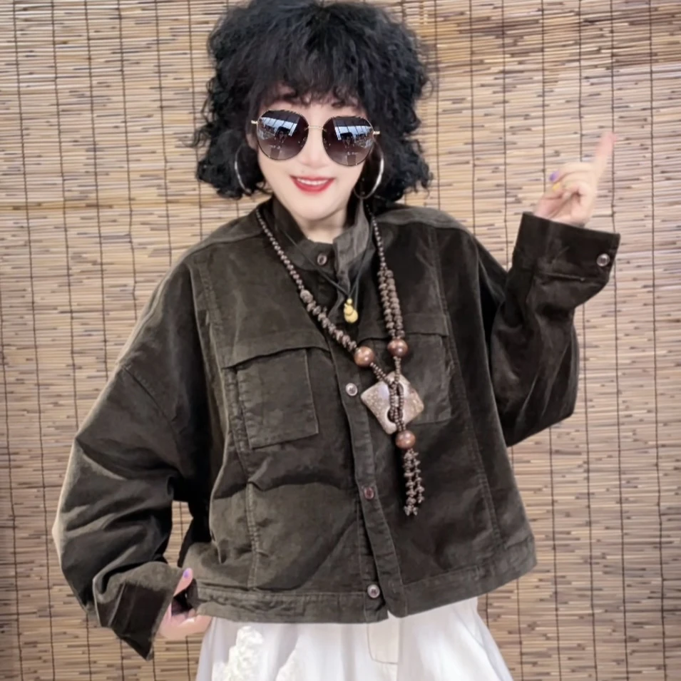 秋款个性时尚休闲百搭小立领细条绒外套（长60胸围160）