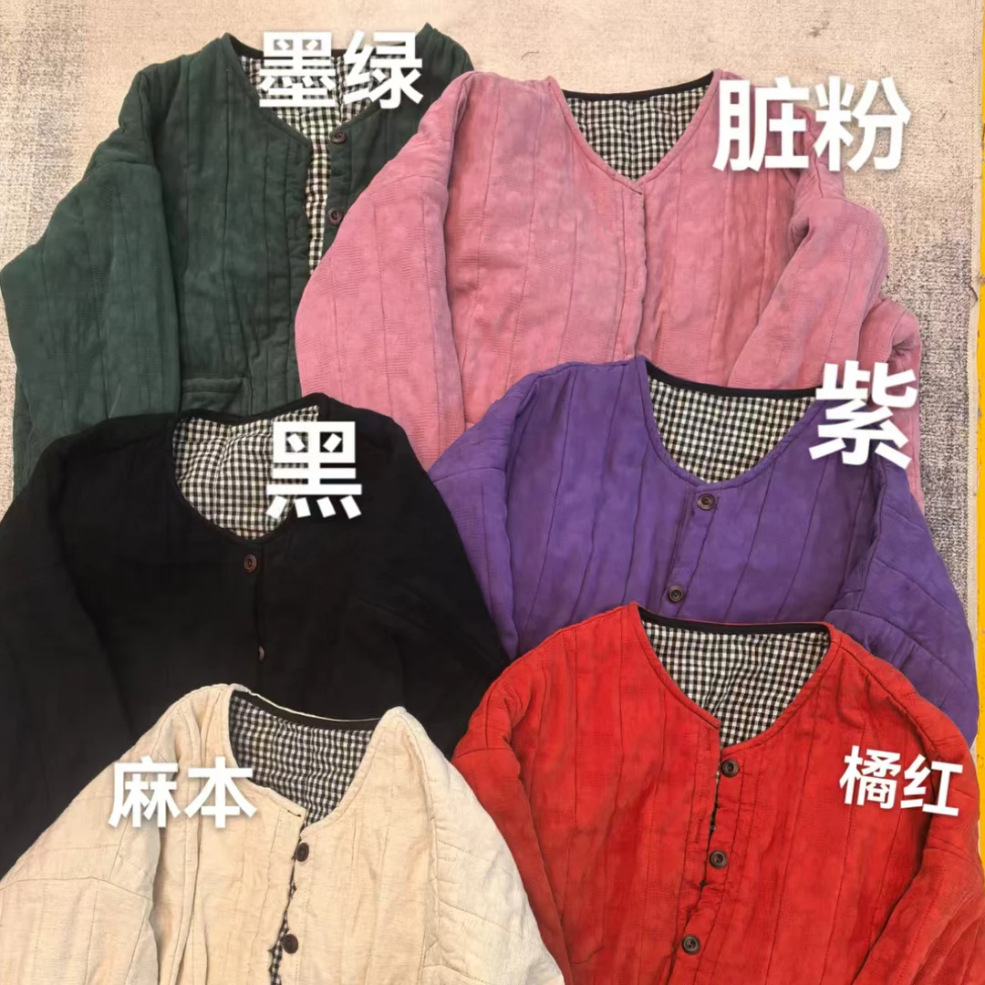 25132 立体兜提花亚麻拼色织格小棉服（衣长62-65胸围 136）