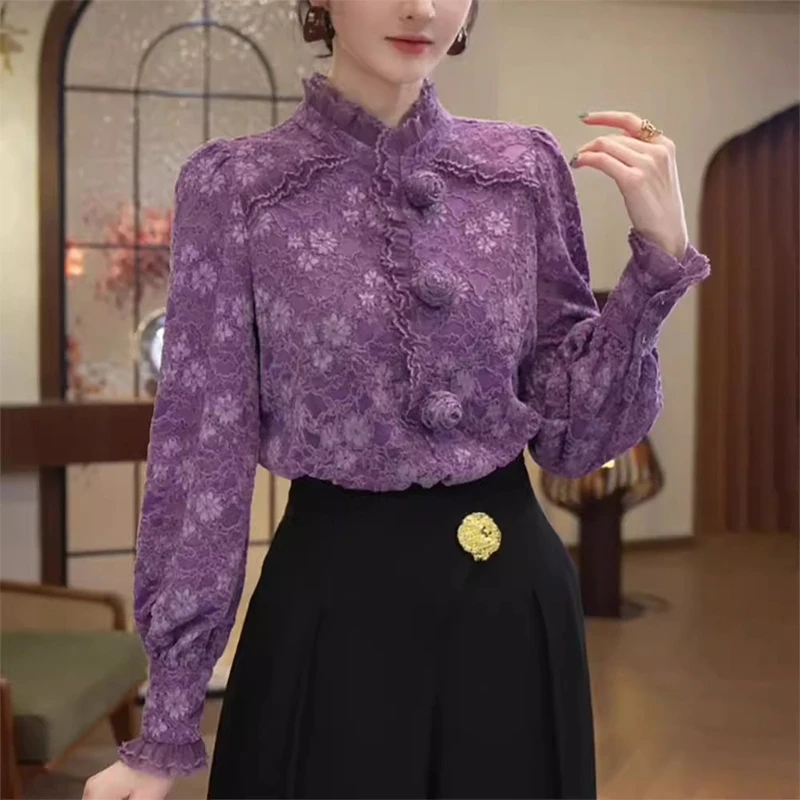 法式立领蕾丝衬衫女士秋冬2024新款轻奢高级感内搭丝绒打底衫上衣