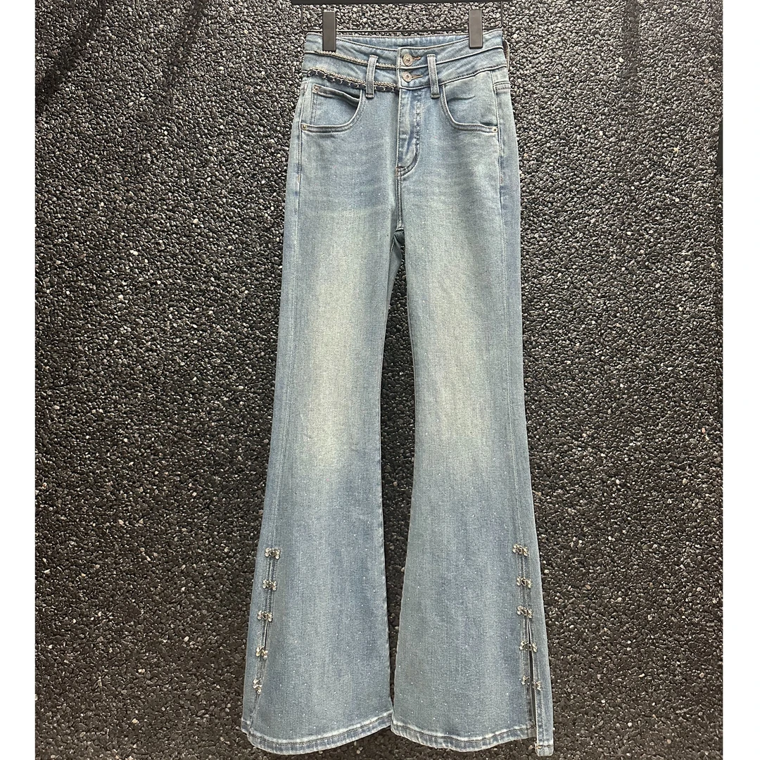 “怀旧”高腰镶钻双扣复古微喇牛仔裤春夏新款时尚显腿长开叉微喇