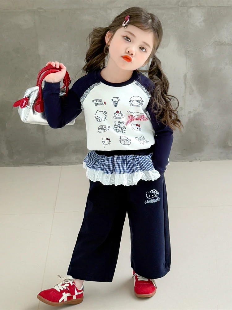 女童秋季套装2025新款猫咪印花拼色上衣时髦百搭皮帘裤子俩件套潮