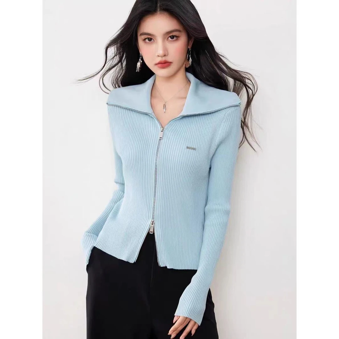 职业阿玛诗官方2025秋冬季新款时尚气质翻领双拉炼针织开衫女装