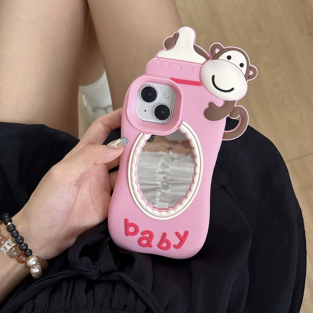 苹果|小猴子奶瓶化妆镜子适用iPhone17可爱ins卡通16软硅胶手机壳