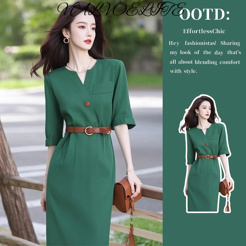 御姐风绿色收腰连衣裙女2025夏季新款轻奢设计感名媛气质中长裙子