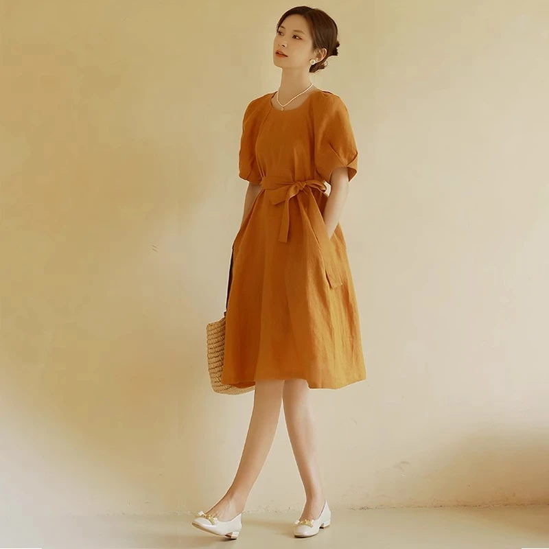 时尚洋气休闲连衣裙女2025夏季新款气质遮肉显瘦系带中长款裙子潮