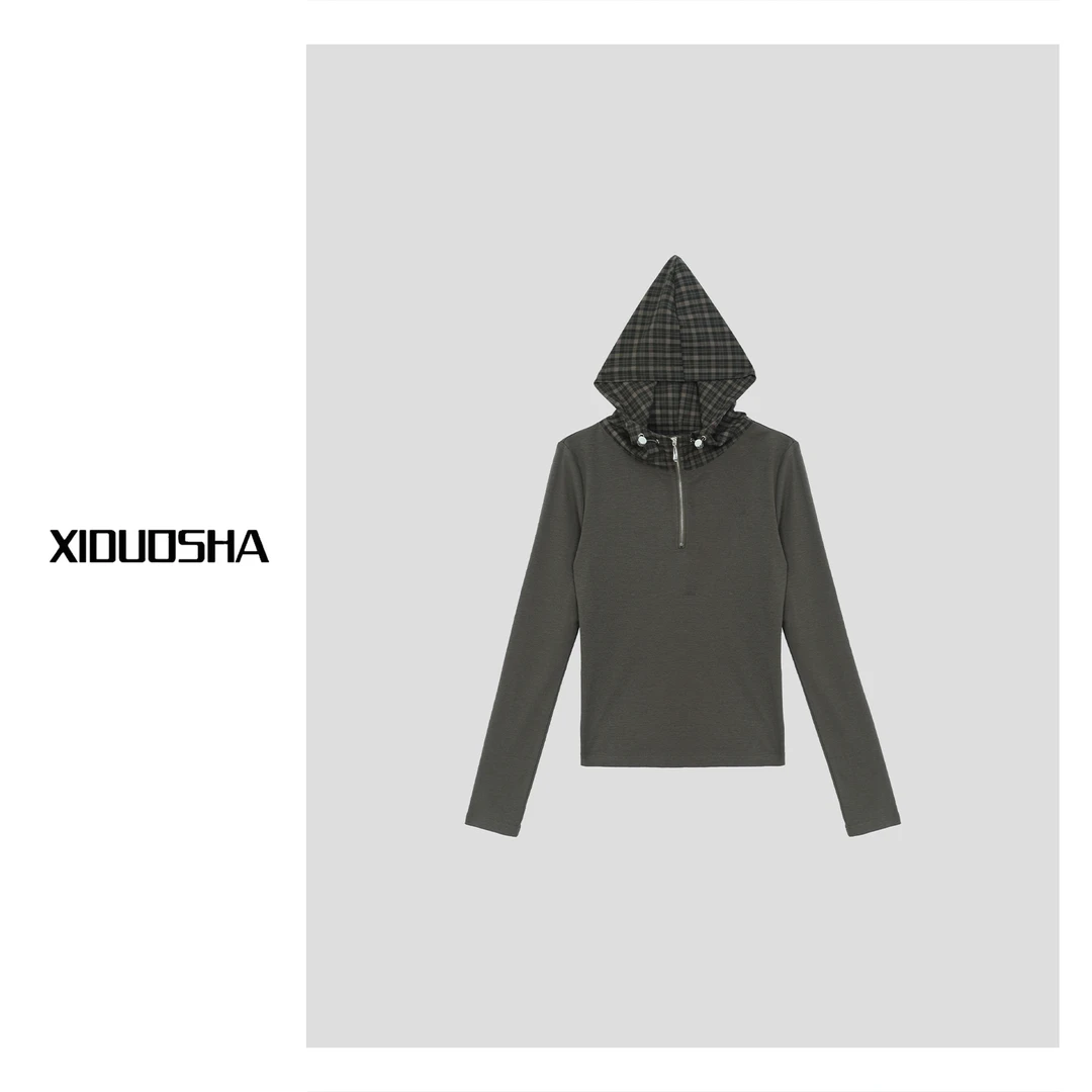 XIDUOSHA/喜朵莎设计款格子拼接连帽卫衣 XDS1580