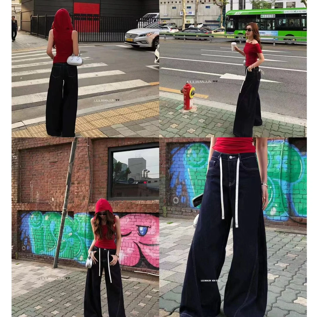 小鱼【丹宁牛仔裤】美式高街阔腿抽绳松紧腰牛仔休闲裤LWJ24A1K560