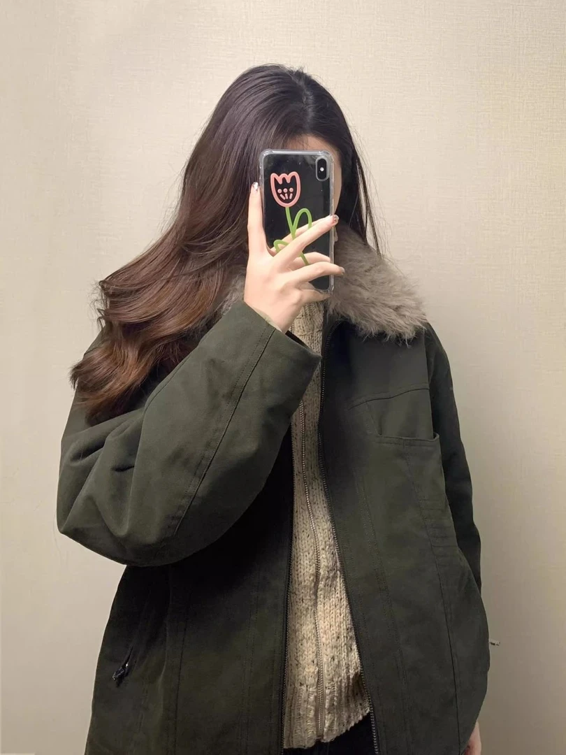 2025年春季新款美式复古大毛领工装夹棉外套女韩版加厚派克棉服潮