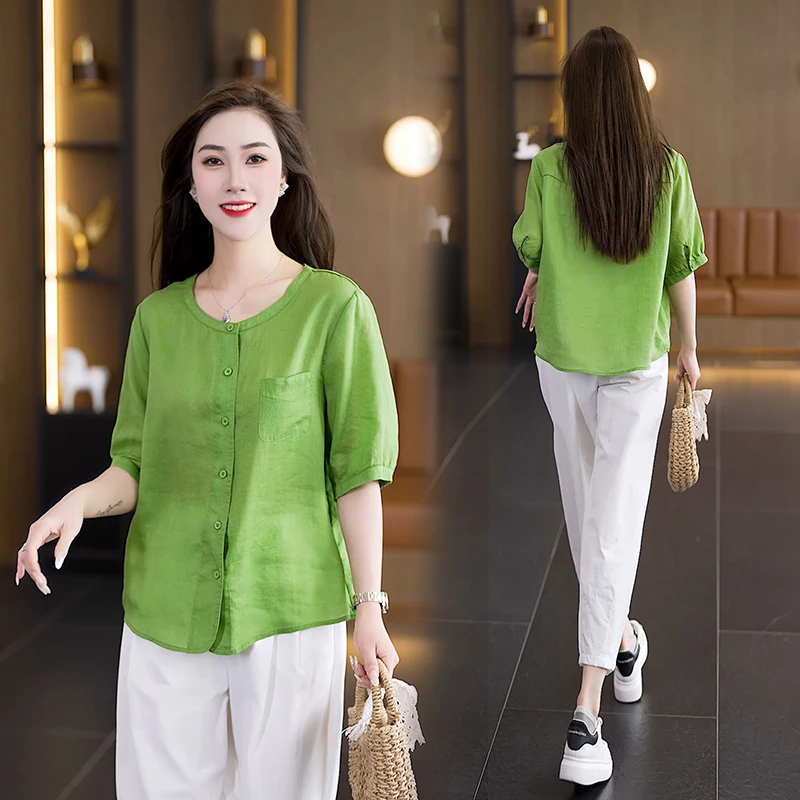 时尚套装女2025夏季新款宽松遮肚子棉麻短袖衬衣休闲裤穿搭两件套