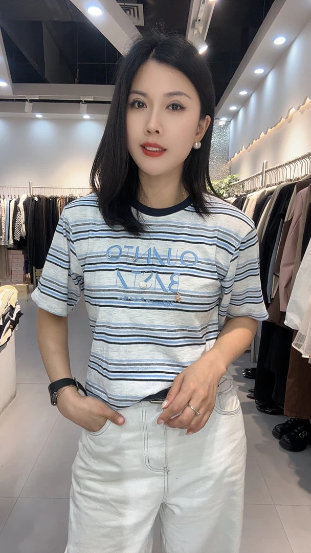 条纹圆领短袖常规刺绣常规款T恤网红韩版显瘦夏季修身半袖