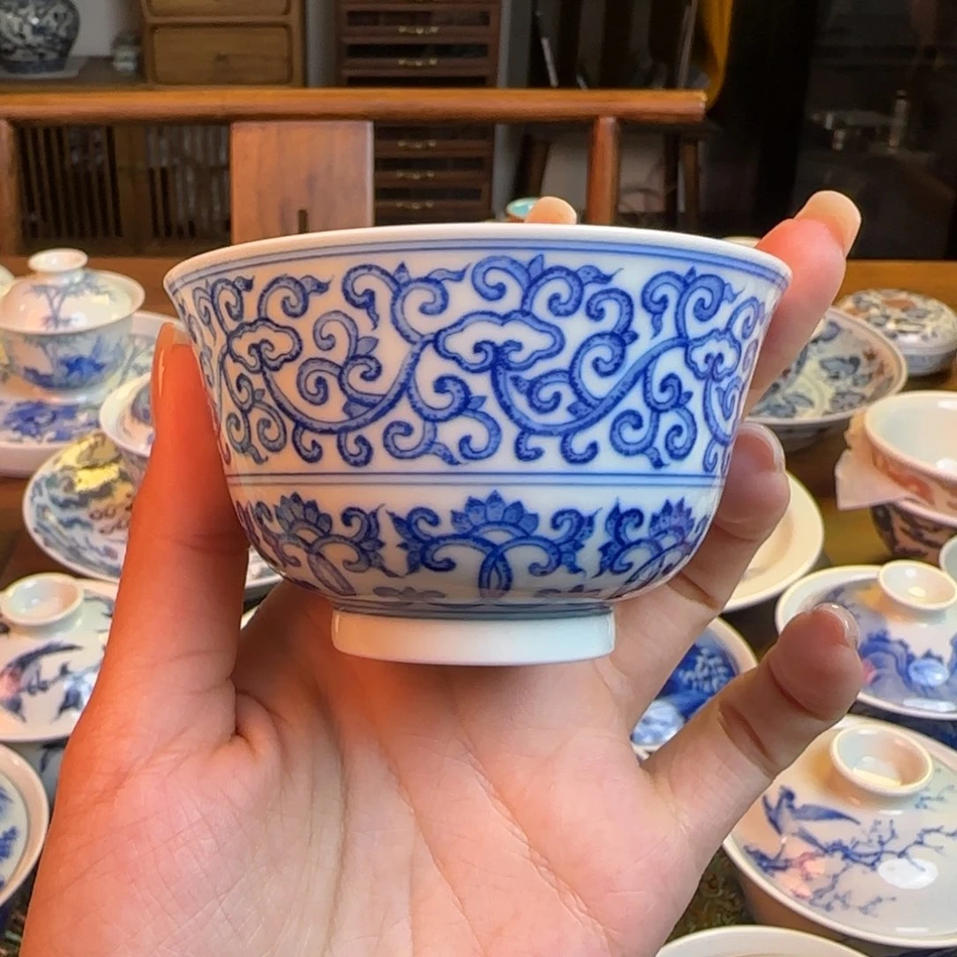 杯重工点工缠枝如意碗杯纯手绘