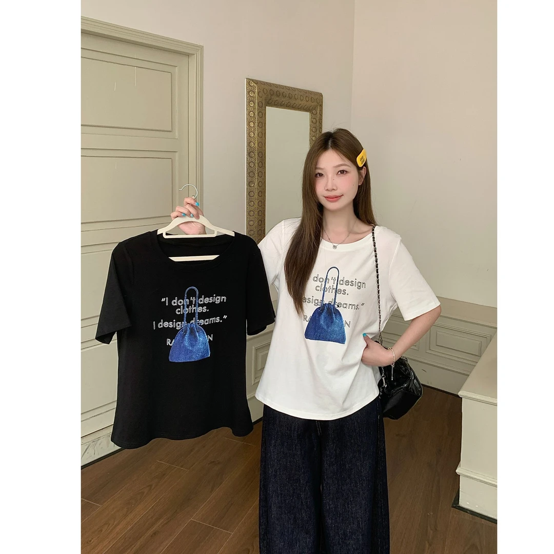 清韩系字母印花短袖T恤女2025夏季设计感圆领宽松百搭上衣64685