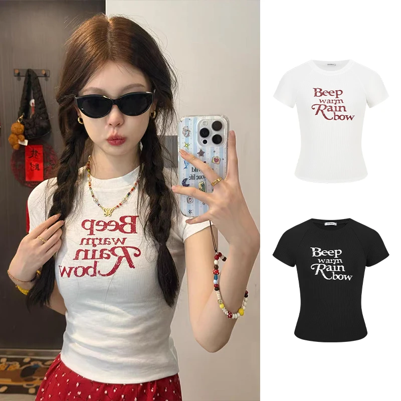 Moses Queen/魔西女王白色正肩短袖t恤女夏修身字母印花短款上衣