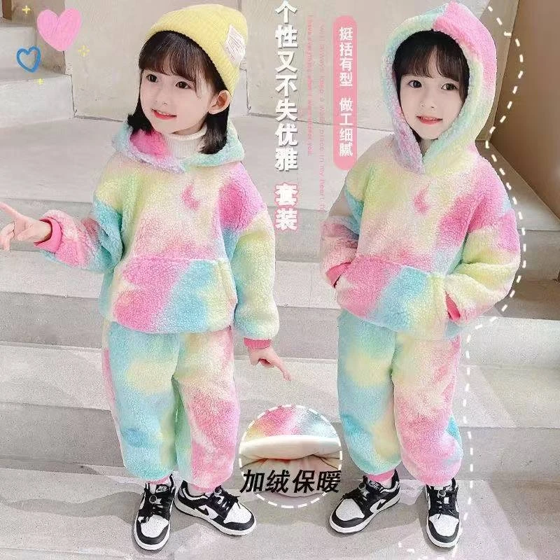 003韩版潮童彩色羊羔毛连帽卫衣套装（现货）