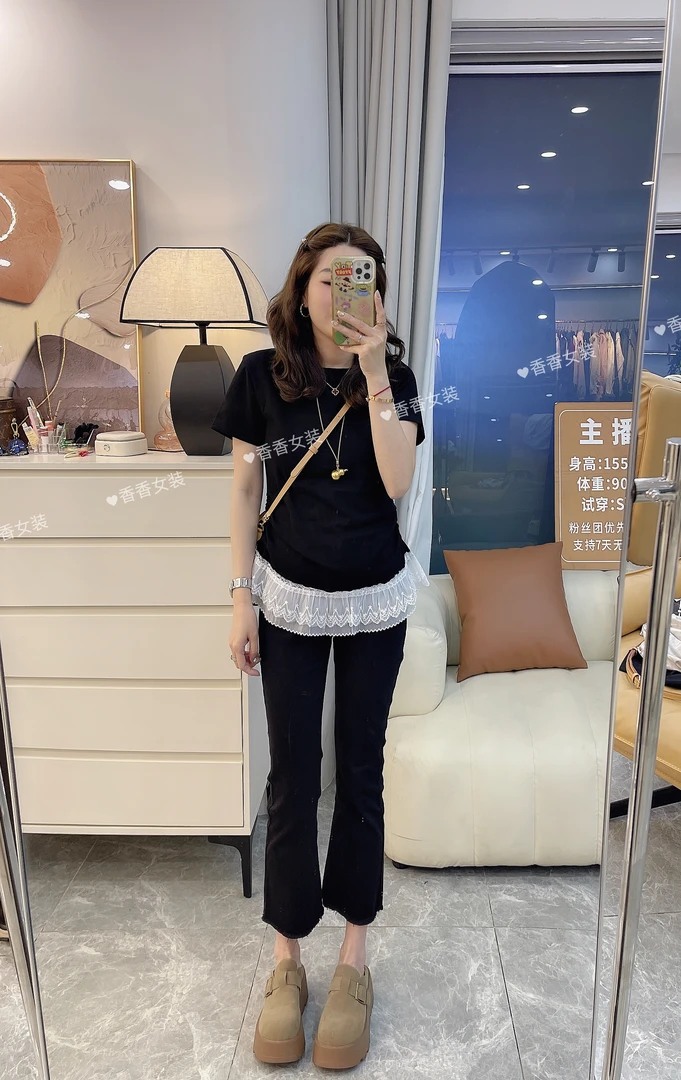 2025春夏新款小个子蕾丝拼接收腰褶皱假两件短袖T恤上衣